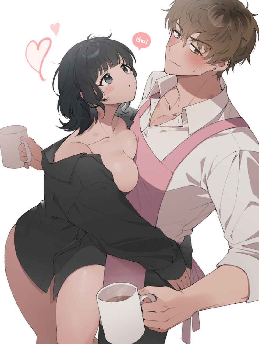 1boy 1girl apron black_eyes black_hair black_shirt borrowed_garments breasts brown_eyes brown_hair coffee_mug collared_shirt cowboy_shot cup dress_shirt heart highres holding holding_cup hug imminent_kiss lvemhrd medium_breasts mug open_clothes open_shirt original pink_apron shirt short_hair standing sweatdrop thighs white_background