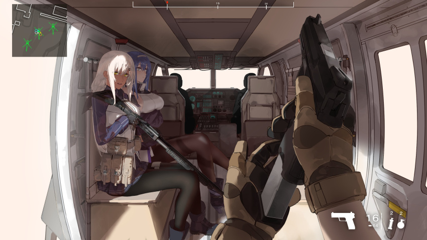 2girls 3others absurdres asimo_(hakurei10201) blue_hair clip_(weapon) dp-12_(girls'_frontline) fake_screenshot gameplay_mechanics girls'_frontline gun handgun heads-up_display helicopter_interior highres holding holding_gun holding_weapon looking_at_viewer m590_(girls'_frontline) map mossberg_590 multiple_girls multiple_others reloading shotgun tactical_clothes weapon white_hair