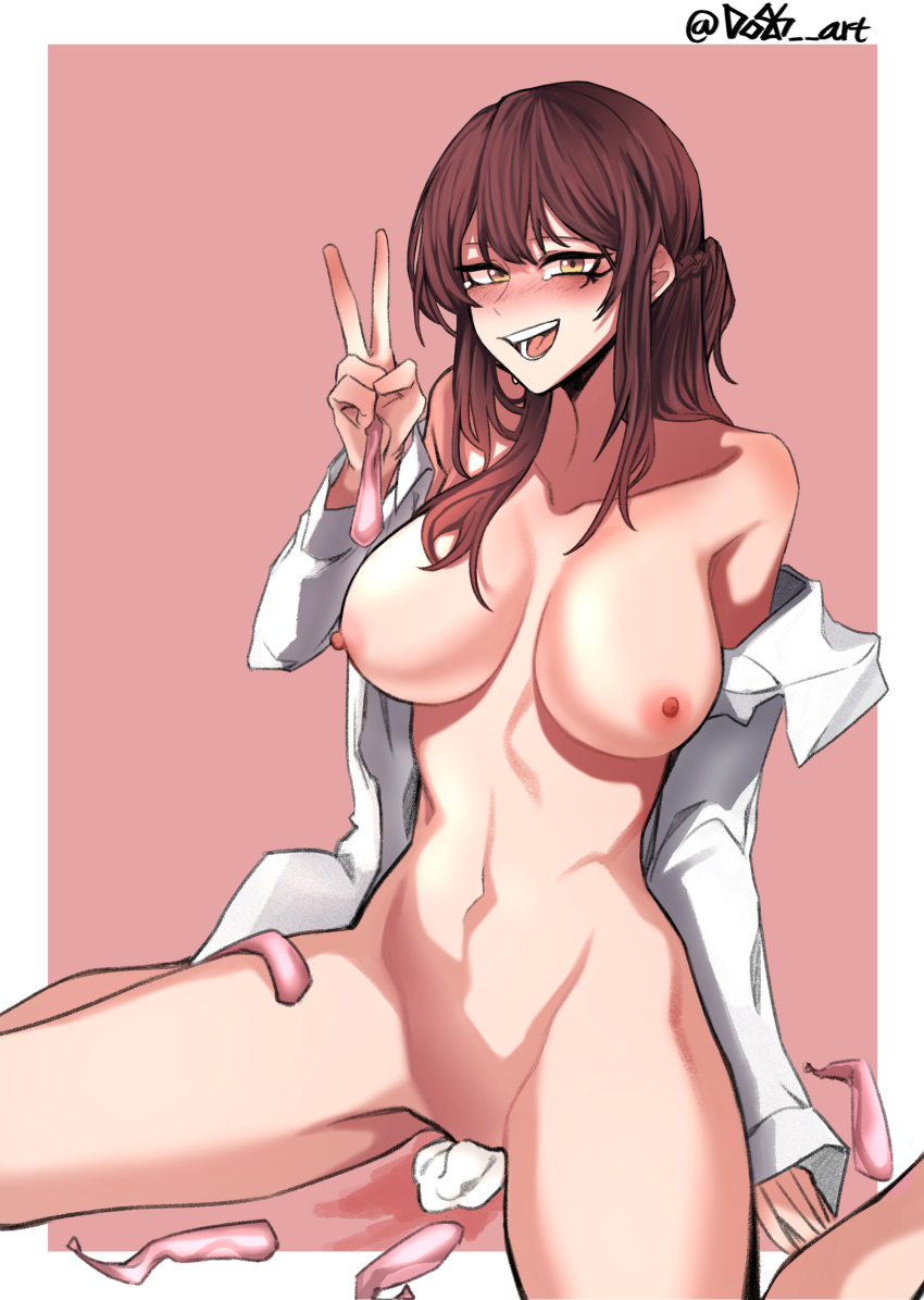 1girl absurdres arm_up bangs bare_shoulders blush border braid breasts brown_eyes brown_hair collarbone commission condom dogs_(dlrkdejr26) facial_mark feet_out_of_frame female_commander_(girls'_frontline) french_braid girls'_frontline hand_on_floor highres holding holding_condom korean_commentary large_breasts long_hair long_sleeves looking_at_viewer navel nipples on_floor open_clothes open_mouth open_shirt pussy_juice shirt simple_background sitting smile solo spread_legs steaming_body sweatdrop teardrop teeth thighs twitter_username upper_teeth used_condom v white_border white_shirt