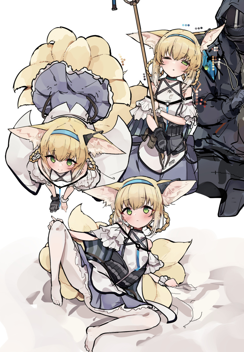 1girl 1other absurdres all_fours animal_ear_fluff animal_ears arknights bangs black_gloves black_jacket blonde_hair blue_hairband blue_skirt blush braid doctor_(arknights) earpiece fox_ears fox_girl fox_tail from_above frown full_body gloves green_eyes hair_rings hairband highres holding holding_staff hood jacket leaning_on_person looking_at_viewer lying no_shoes on_back one_eye_closed pantyhose pkpkpppk simple_background skirt smile staff suzuran_(arknights) tail white_background white_pantyhose