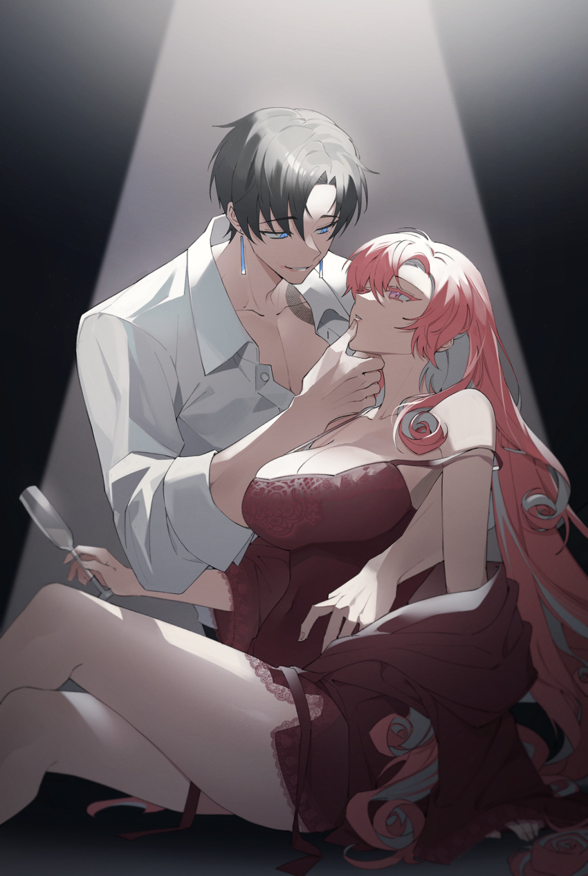 1boy 1girl arm_support bare_shoulders black_hair blue_eyes breasts cleavage collared_shirt cup dress_shirt drinking_glass hand_on_another's_chin highres holding holding_cup jacket jacket_partially_removed lace-trimmed_shirt lace_trim large_breasts long_hair lvemhrd open_clothes open_shirt original pink_eyes pink_hair red_jacket red_shirt shirt sitting thighs very_long_hair white_shirt wine_glass