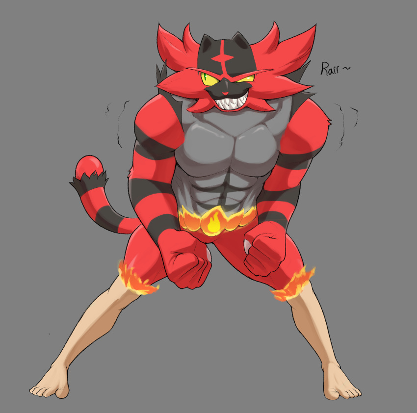 absurd_res anthro badroy fire flexing generation_7_pokemon grin growth hi_res human incineroar male mammal mid_transformation muscle_growth nintendo pokemon pokemon_(species) smile solo transformation video_games