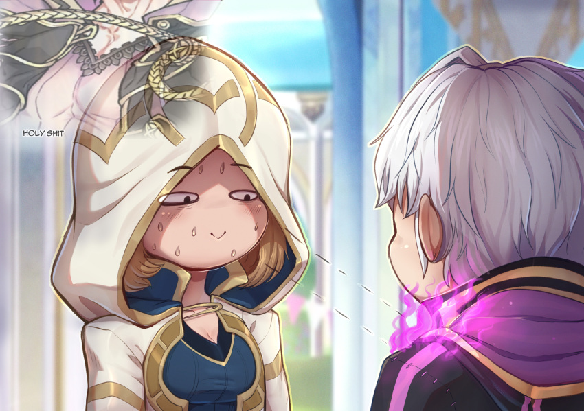 1boy 1girl black_robe brown_hair chibi english_text evomanaphy fire fire_emblem fire_emblem_heroes from_behind grima_(fire_emblem) highres hood kiran_(fire_emblem)_(female) looking_at_another looking_at_chest pectorals purple_fire robe robin_(fire_emblem) robin_(fire_emblem)_(male) smile sweatdrop white_hair white_robe