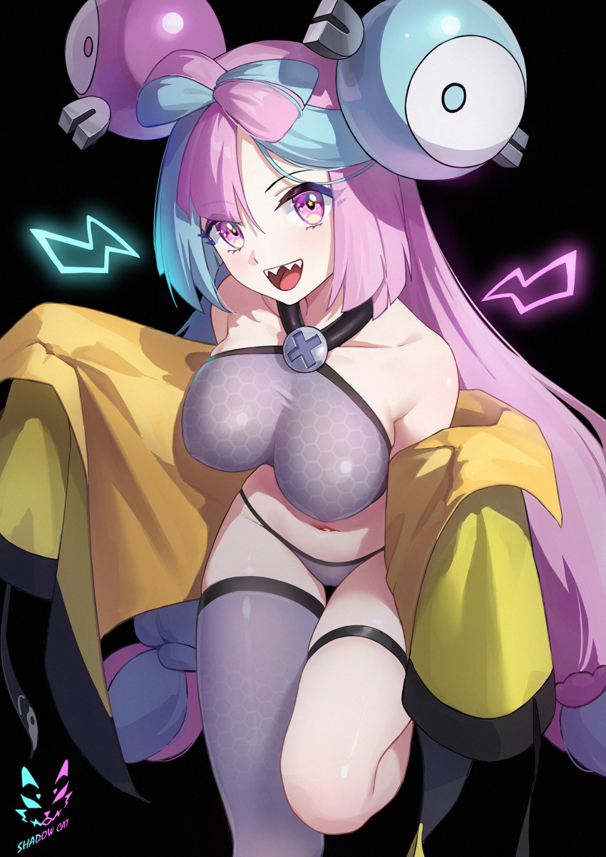 1girl aqua_hair artist_logo artist_name asymmetrical_legwear bangs bare_shoulders black_background black_jacket bow-shaped_hair breasts character_hair_ornament collarbone crop_top grey_panties grey_shirt grey_thighhighs hair_ornament hexagon_print highres iono_(pokemon) jacket jacket_partially_removed large_breasts leaning_forward lightning_bolt_symbol long_hair long_sleeves looking_at_viewer low-tied_long_hair lying magnemite mismatched_legwear multicolored_hair navel on_stomach open_mouth oversized_clothes panties pink_eyes pink_hair pokemon pokemon_(game) pokemon_sv shadow_cat_(u9nej2qzq9vzxcf) sharp_teeth shirt single_thighhigh sleeves_past_fingers sleeves_past_wrists smile solo split-color_hair standing standing_on_one_leg star_(symbol) star_in_eye symbol_in_eye teeth thigh_straddling thighhighs thighs two-tone_hair underwear very_long_sleeves wide_sleeves x yellow_jacket