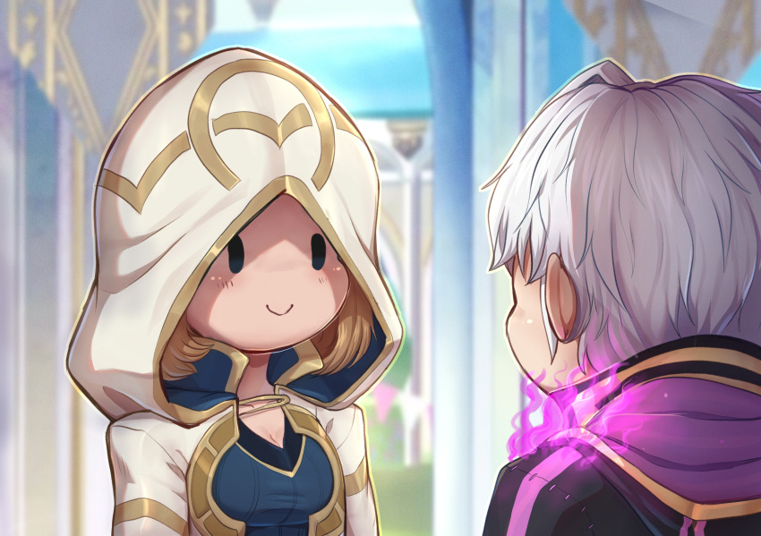 1boy 1girl black_robe brown_hair chibi evomanaphy fire fire_emblem fire_emblem_heroes from_behind grima_(fire_emblem) highres hood kiran_(fire_emblem)_(female) purple_fire robe robin_(fire_emblem) robin_(fire_emblem)_(male) smile white_hair white_robe