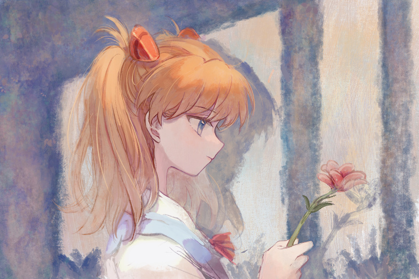 1girl aged_down bangs blue_eyes drop_shadow expressionless faux_traditional_media flower from_side hand_up highres holding holding_flower interface_headset looking_at_object medium_hair neck_ribbon neon_genesis_evangelion orange_hair painterly portrait profile realullaby red_flower ribbon shirt solo souryuu_asuka_langley two_side_up watercolor_effect white_shirt