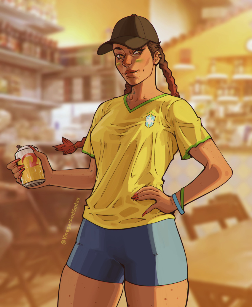 1girl 2022_fifa_world_cup absurdres alternate_costume apex_legends baseball_cap bike_shorts black_headwear blue_shorts blurry blurry_background bracelet braid breasts brown_eyes can country_connection dark-skinned_female dark_skin english_commentary gradient_hair hair_behind_ear hand_on_hip hat highres holding holding_can jewelry loba_(apex_legends) long_hair looking_to_the_side medium_breasts multicolored_hair photo_background red_nails shorts skindentation smile solo thick_thighs thighs twin_braids twitter_username vinegar_and_soda western_comics_(style) world_cup