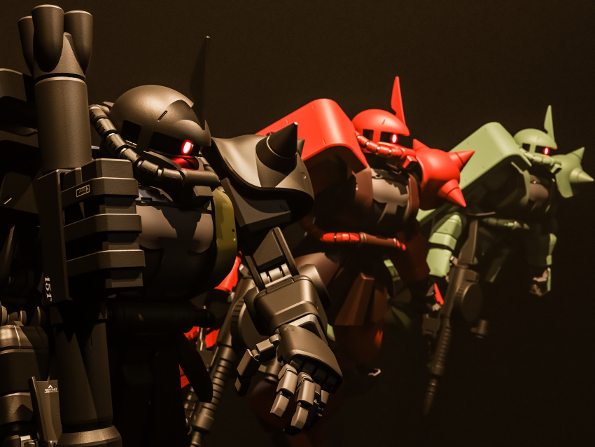 3d absurdres bazooka_(gundam) black_background blender_(medium) english_commentary glowing glowing_eye gun gundam highres machine_gun machinery mecha mjeff mobile_suit mobile_suit_gundam no_humans one-eyed realistic red_eyes robot science_fiction shield shoulder_spikes space spikes upper_body weapon zaku zaku_ii zaku_ii_s zaku_ii_s_char_custom zeon zero_gravity