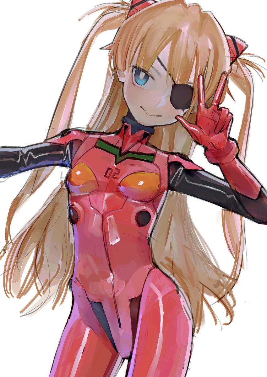 1girl absurdres blue_eyes bodysuit breasts brown_hair cowboy_shot eyepatch hairpods highres long_hair multicolored_bodysuit multicolored_clothes neon_genesis_evangelion orange_bodysuit plugsuit rebuild_of_evangelion red_bodysuit saaal653 simple_background sketch small_breasts smile solo souryuu_asuka_langley test_plugsuit two-tone_bodysuit two_side_up v white_background