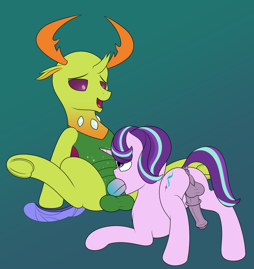 2022 absurd_res animal_genitalia animal_penis anus arthropod ass_up balls butt changeling crossgender cutie_mark darkened_genitalia digital_media_(artwork) duo equid equine equine_penis fellatio feral friendship_is_magic ftm_crossgender fur genitals gradient_background green_background green_balls green_body hair hasbro hi_res horn horse lying male male/male male_penetrated male_penetrating male_penetrating_male mammal medial_ring my_little_pony on_front open_mouth open_smile oral oral_penetration penetration penile penis penis_in_mouth pink_balls pink_body pink_fur pink_penis pony purple_eyes purple_hair purple_sclera purple_tail reformed_changeling registereduser sex simple_background sitting smile starlight_glimmer_(mlp) thorax_(mlp) unicorn