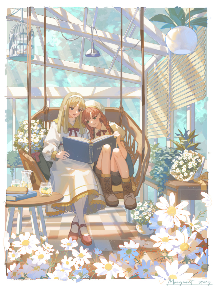 2girls bangs birdcage blinds blonde_hair book book_stack boots border bouquet braid brown_footwear brown_hair cage checkered_floor collared_shirt cup day dress drinking_glass english_text flower glass gold_trim green_eyes hairband hanging_chair highres holding holding_book indoors jug juice lamp lampshade leaf leg_up long_hair long_sleeves looking_at_object multiple_girls on_chair open_book original plant puffy_short_sleeves puffy_sleeves purple_eyes reading red_ribbon ribbon scenery shadow shirt short_sleeves sitting skylight sleeve_cuffs socks sora_(akaisw) sunlight table twin_braids white_border white_dress white_flower white_hairband white_socks window yellow_shirt yellow_socks