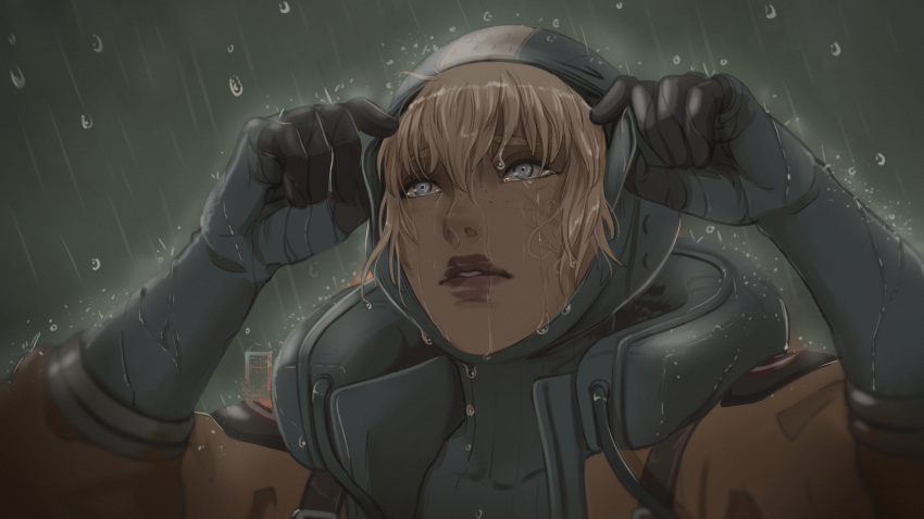 1girl apex_legends bangs blonde_hair blue_bodysuit blue_eyes blue_gloves blue_headwear bodysuit commentary crying crying_with_eyes_open english_commentary freckles gloves highres hood hood_down hooded_jacket ifragmentix jacket looking_up making-of_available orange_jacket parted_lips portrait rain ribbed_bodysuit scar scar_on_cheek scar_on_face solo streaming_tears tears wattson_(apex_legends) western_comics_(style)