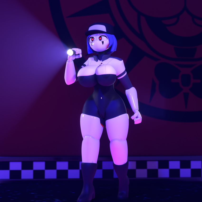 1:1 2022 3d_(artwork) areola big_breasts bigdogenzo black_areola black_body blender_(software) blender_eevee boots breasts clothed clothing digital_media_(artwork) dress_shirt female five_nights_at_freddy's five_nights_at_freddy's:_security_breach footwear genitals glowing glowing_eyes hair hat headgear headwear hi_res humanoid ineffective_clothing machine nipples purple_hair pussy robot robot_humanoid s.t.a.f.f._bot_(fnaf) scottgames security_guard shirt skimpy_topwear solo standing topwear video_games