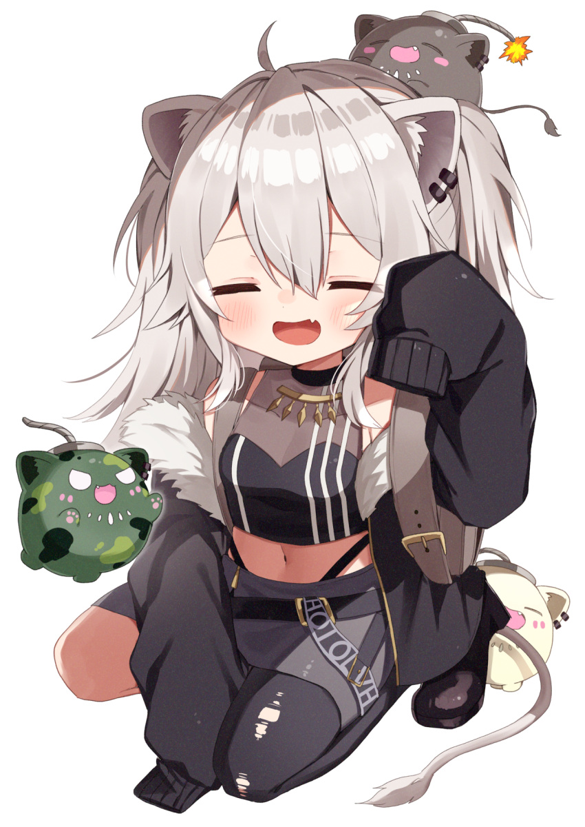 1girl :d aged_down animal_ear_fluff animal_ears bangs black_jacket blush closed_eyes crop_top ear_piercing fang full_body grey_hair highres hololive jacket lion_ears lion_tail long_hair long_sleeves midriff navel noi_mine open_clothes open_jacket pantyhose piercing shishiro_botan single_leg_pantyhose sitting skin_fang sleeves_past_fingers sleeves_past_wrists smile solo ssrb tail torn_clothes torn_pantyhose virtual_youtuber