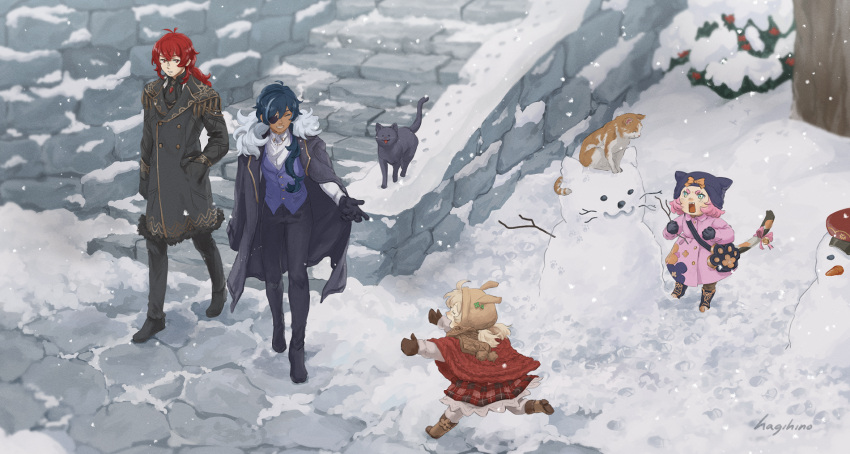2boys 2girls :d ^_^ ^o^ ahoge alternate_costume antenna_hair bag bangs black_gloves black_hair blurry capelet cat cat_girl cat_tail chasing closed_eyes coat commentary dark_skin depth_of_field diluc_(genshin_impact) diona_(genshin_impact) dress eyepatch fur-trimmed_coat fur_trim genshin_impact gloves green_eyes hagihino hair_between_eyes hat highres kaeya_(genshin_impact) klee_(genshin_impact) light_brown_hair long_hair long_sleeves looking_at_another looking_away low_ponytail low_twintails multiple_boys multiple_girls paw_print pink_hair plaid plaid_dress red_eyes red_hair running scenery short_hair sidelocks signature smile snow snowing snowman stairs symbol-only_commentary tail thick_eyebrows twintails walking winter_clothes winter_coat