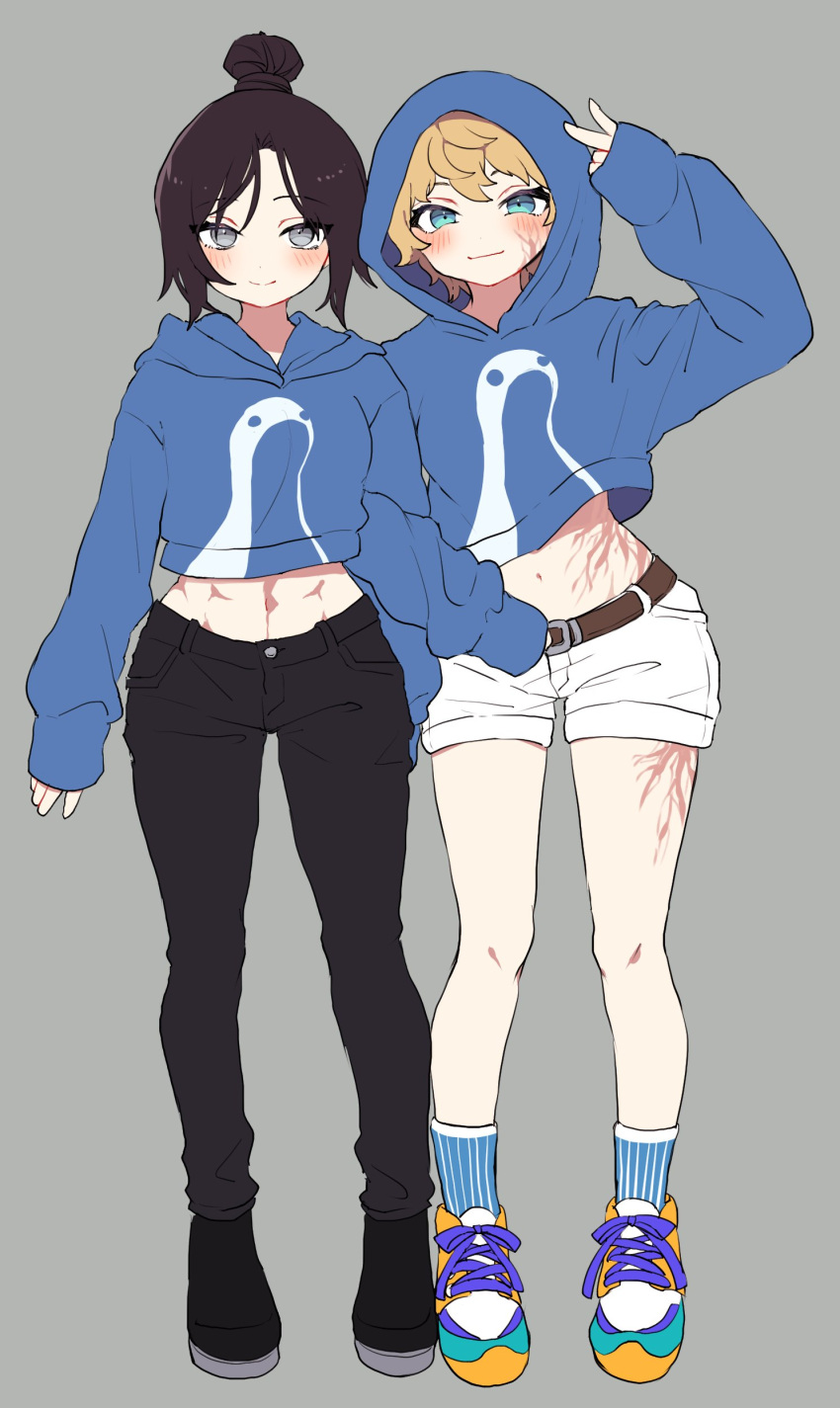 2girls abs absurdres alternate_costume animification apex_legends bangs belt black_footwear black_pants blonde_hair blue_hoodie blue_socks brown_belt commentary full_body grey_background grey_eyes hair_bun highres hood hood_down hood_up hoodie leaning_forward looking_at_viewer multiple_girls navel nessie_(respawn) pants parted_bangs riku_(ururi7610) scar scar_on_cheek scar_on_face scar_on_leg scar_on_stomach shoes short_hair shorts single_hair_bun sleeves_past_wrists smile sneakers socks v wattson_(apex_legends) white_shorts wraith_(apex_legends)