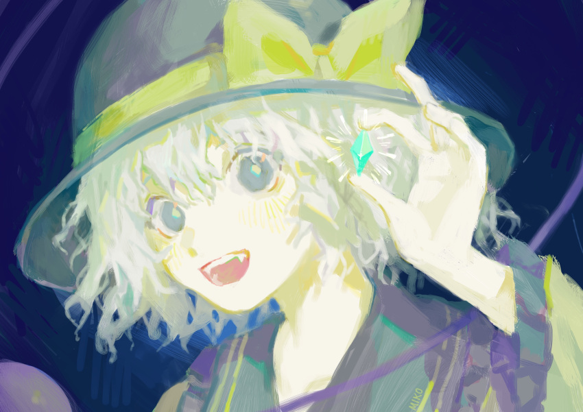 1girl black_headwear collared_shirt frilled_shirt_collar frilled_sleeves frills green_hair green_pupils grey_eyes hat hat_ribbon highres komeiji_koishi long_sleeves miko_(15476997) open_mouth portrait ribbon shirt short_hair smile solo touhou yellow_ribbon yellow_shirt