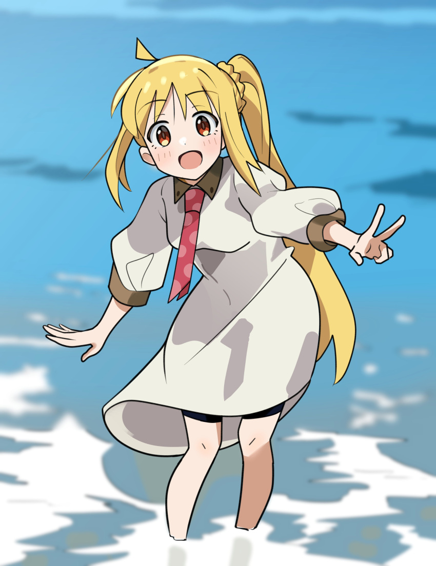 1girl :d absurdres blonde_hair blush dress happy highres ijichi_nijika long_hair looking_at_viewer mitche necktie ocean open_mouth ponytail red_eyes smile solo standing v