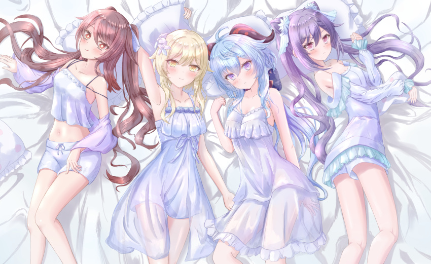 4girls :q ahoge alternate_costume arm_up armpits bangs bed_sheet blonde_hair blue_hair bow breasts brown_hair cleavage collarbone commentary_request cone_hair_bun double_bun dress flower from_above ganyu_(genshin_impact) genshin_impact hair_between_eyes hair_bow hair_bun hair_flower hair_ornament hair_ribbon highres horns hu_tao_(genshin_impact) keqing_(genshin_impact) long_hair long_sleeves looking_at_viewer looking_up low_ponytail lumine_(genshin_impact) lying multiple_girls navel on_back on_side pajamas parted_lips pillow purple_eyes purple_hair red_eyes ribbon shirt short_hair short_hair_with_long_locks short_shorts shorts shuriduruu sidelocks simple_background sleepover sleeveless smile spaghetti_strap stomach strapless strapless_shirt symbol-shaped_pupils tongue tongue_out twintails v-shaped_eyebrows white_dress white_pajamas yellow_eyes