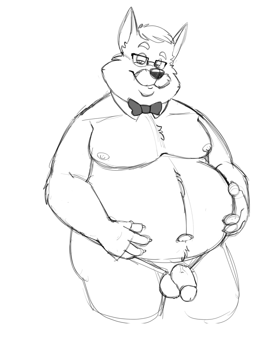 2022 anthro belly big_belly bow_tie bravo canid canine eyewear flaccid fox genitals glasses hi_res humanoid_genitalia humanoid_hands humanoid_penis male mammal moobs navel nipples overweight overweight_male penis sketch solo