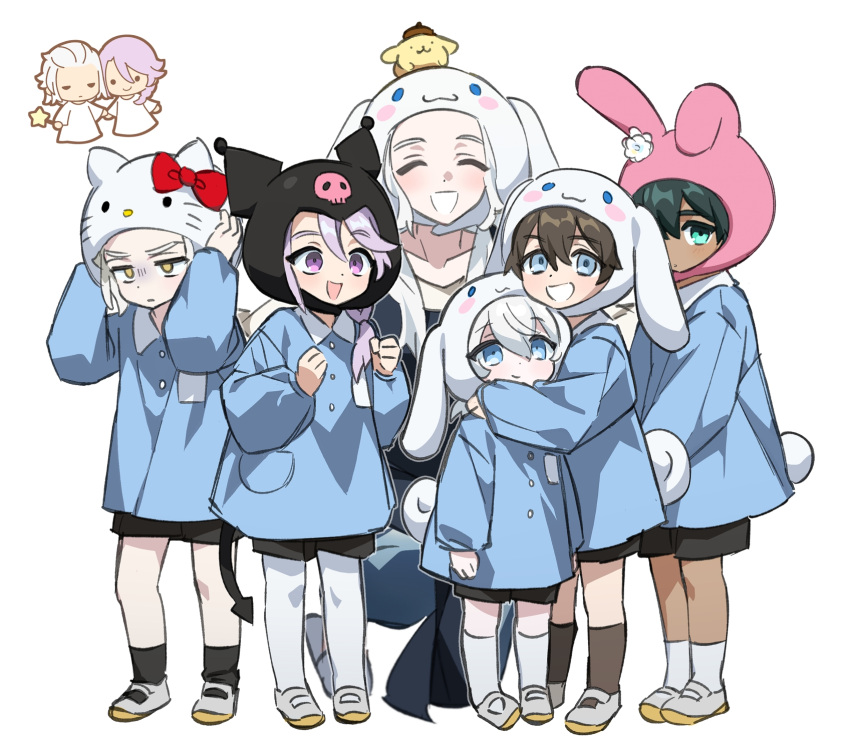 1girl 5boys :d ^_^ ^o^ adventurer_(ff14) aged_down alternate_costume animal_hat annoyed aqua_eyes arm_around_neck bangs beanie black_headwear black_shorts black_socks blue_eyes blue_shirt braid brown_hair buttons character_hat chibi chibi_inset chinese_commentary cinnamoroll clenched_hands closed_eyes collarbone collared_shirt commentary_request creature_on_head emet-selch facing_viewer female_child final_fantasy final_fantasy_xiv frown full_body grin hair_between_eyes hand_on_another's_shoulder hands_on_own_head hands_up hat height_difference hello_kitty_(character) hermes_(ff14) highres hythlodaeus hyur kindergarten_uniform kuromi long_sleeves male_child mary_janes medium_hair multiple_boys my_melody on_head one_knee open_mouth pantyhose pink_headwear pocket pompompurin purple_eyes purple_hair rabbit_hat rabbit_tail sanrio shirt shoes short_hair shorts side_braid simple_background single_braid smile socks standing swept_bangs tail themis_(ff14) venat_(ff14) white_background white_footwear white_hair white_headwear white_pantyhose white_socks wuliu_heihuo yellow_eyes