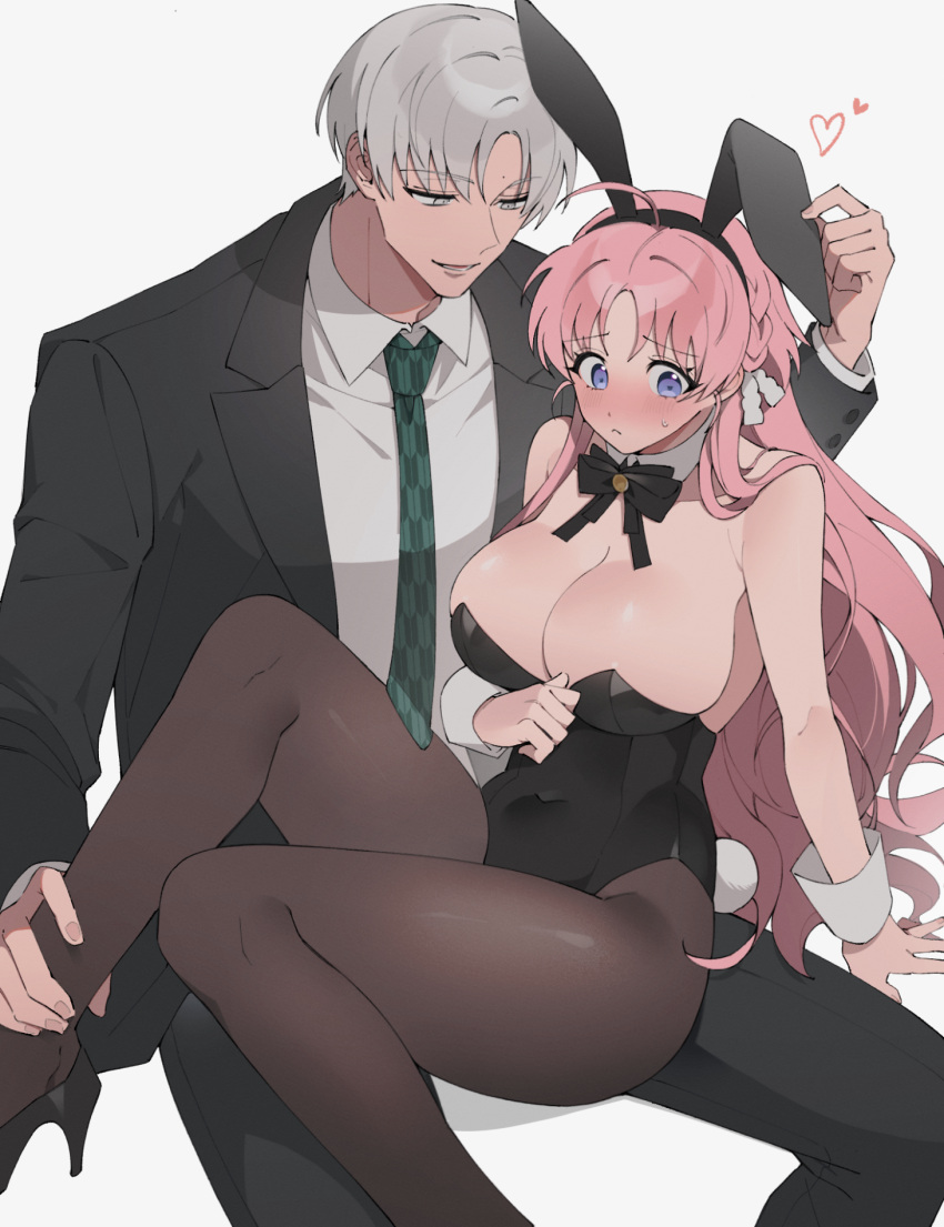 1boy 1girl ahoge animal_ears bare_shoulders black_bow black_bowtie black_footwear black_jacket black_leotard black_pants black_pantyhose blue_eyes blush bow bowtie breasts checkered_necktie cleavage collared_shirt covered_navel detached_collar dress_shirt formal green_necktie grey_eyes grey_hair hair_ribbon heart high_heels highres holding_another's_leg jacket large_breasts leotard long_hair lvemhrd necktie nose_blush original pants pantyhose pink_hair playboy_bunny rabbit_ears ribbon shirt suit sweatdrop thighs very_long_hair white_background white_ribbon white_shirt wrist_cuffs