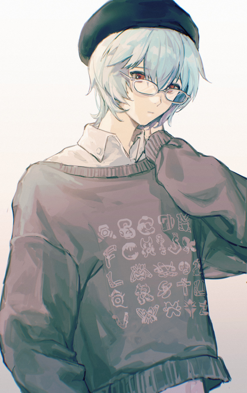 1boy absurdres alphabet alternate_costume ayanami_rei bangs beret bespectacled black_headwear blue_hair chinese_commentary clothes_writing collared_shirt commentary_request expressionless film_grain genderswap genderswap_(ftm) glasses grey_sweater hair_between_eyes hand_on_own_neck hand_up hat highres long_sleeves looking_at_viewer male_focus neon_genesis_evangelion red_eyes shirt short_hair simple_background solo standing sweater upper_body white-framed_eyewear white_background white_shirt zai_chi_yi_wan