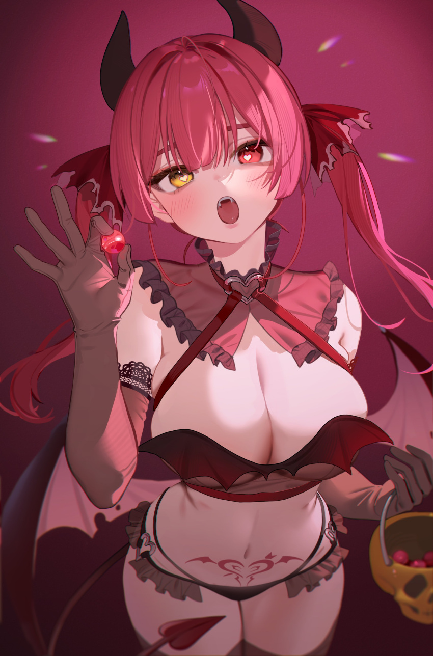 1girl absurdres bangs basket blush breasts candy cleavage demon_girl demon_horns demon_tail elbow_gloves fangs food gloves hair_ribbon halloween_bucket heart heart-shaped_pupils heart_o-ring heterochromia highres holding holding_basket holding_candy holding_food hololive horns houshou_marine large_breasts long_hair looking_at_viewer navel open_mouth pubic_tattoo red_eyes red_hair red_ribbon ribbon ruiuncle solo stomach symbol-shaped_pupils tail tattoo thighhighs thighs twintails virtual_youtuber yellow_eyes