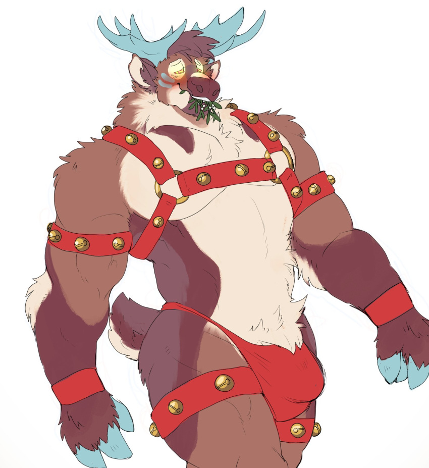 2021 anthro antlers bell bell_harness biceps bulge capreoline cervid glowing glowing_eyes hair harness hi_res horn hyenaface hypnosis jingle_bell jingle_bell_harness male mammal mind_control mistletoe muscular muscular_male pecs plant reindeer ringed_eyes simple_background smile solo westt white_background