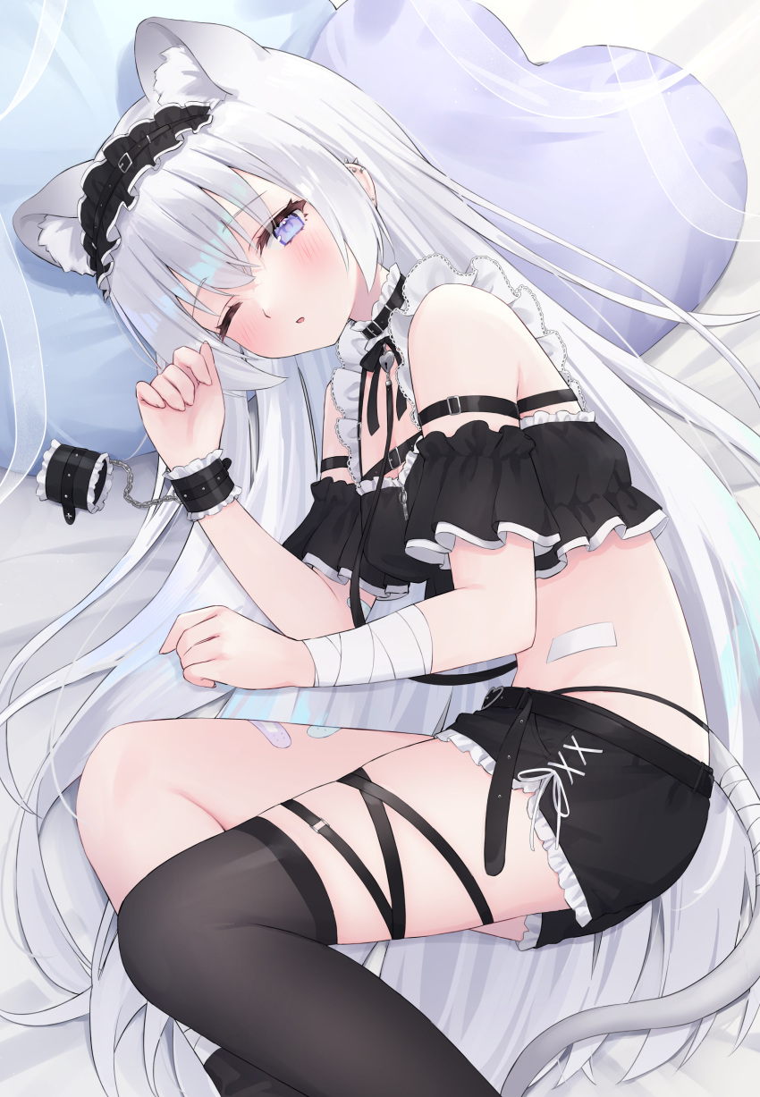 1girl absurdres animal_ears arm_strap bare_shoulders black_choker black_shirt black_shorts black_thighhighs breasts cat_ears cat_girl cat_tail choker crop_top ear_piercing frilled_choker frilled_shorts frills headdress highres indie_virtual_youtuber long_hair looking_at_viewer lying midriff on_side one_eye_closed parted_lips piercing purple_eyes shano_hiyori shirt short_shorts shorts single_thighhigh small_breasts solo stomach tail thigh_strap thighhighs thighs very_long_hair virtual_youtuber white_hair wrist_cuffs yamane_nemu_(vtuber)