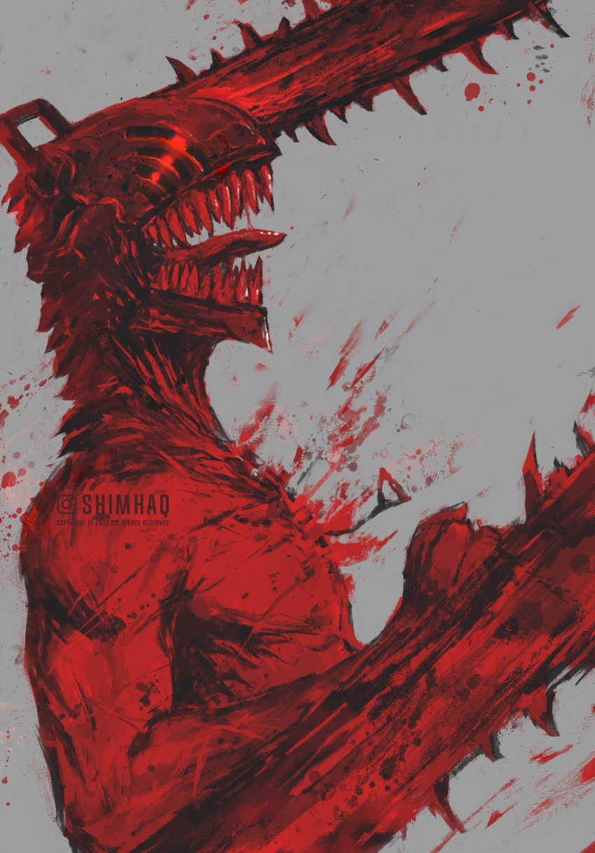 1boy absurdres blood chainsaw chainsaw_devil chainsaw_man from_side grey_background highres male_focus monster no_humans profile sharp_teeth shimhaq teeth tongue tongue_out