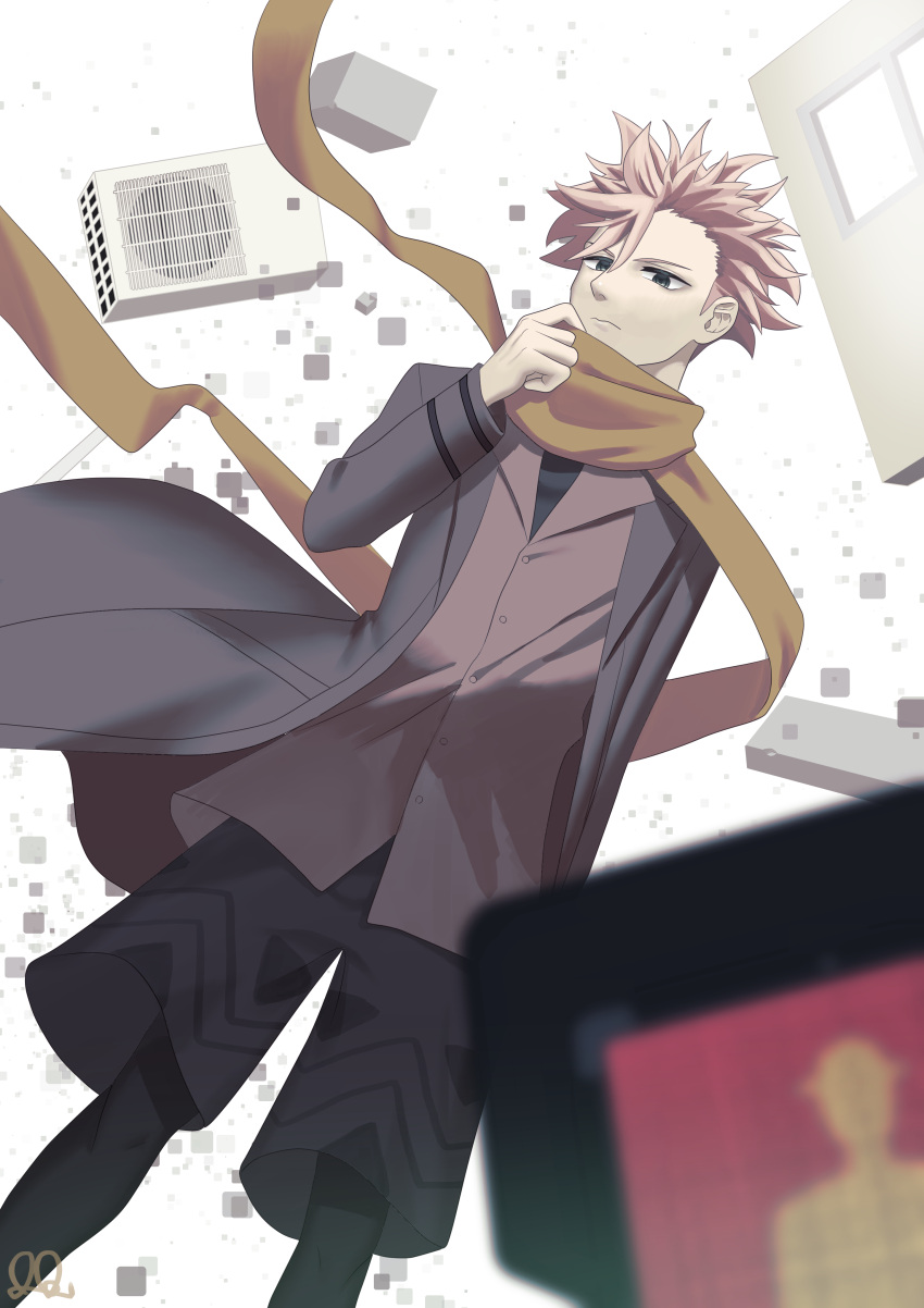 1boy absurdres black_eyes black_shorts coat cube grey_coat hair_between_eyes hand_up highres hutagi_rouka id_:invaded long_sleeves male_focus pink_hair scarf short_hair shorts solo spiked_hair standing traffic_light white_background yellow_scarf