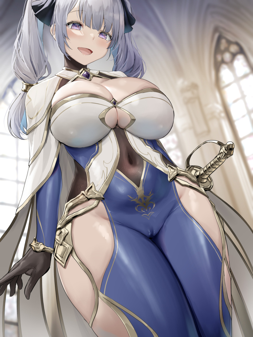 1girl bangs black_gloves black_ribbon blue_dress blush breasts cameltoe cape cleavage cleavage_cutout clothing_cutout covered_navel dress gloves gold_trim grey_hair hair_ribbon highres large_breasts long_hair long_sleeves looking_at_viewer oekakizuki open_mouth original purple_eyes ribbon side_slit smile solo sword thighs twintails two-tone_dress weapon white_cape white_dress