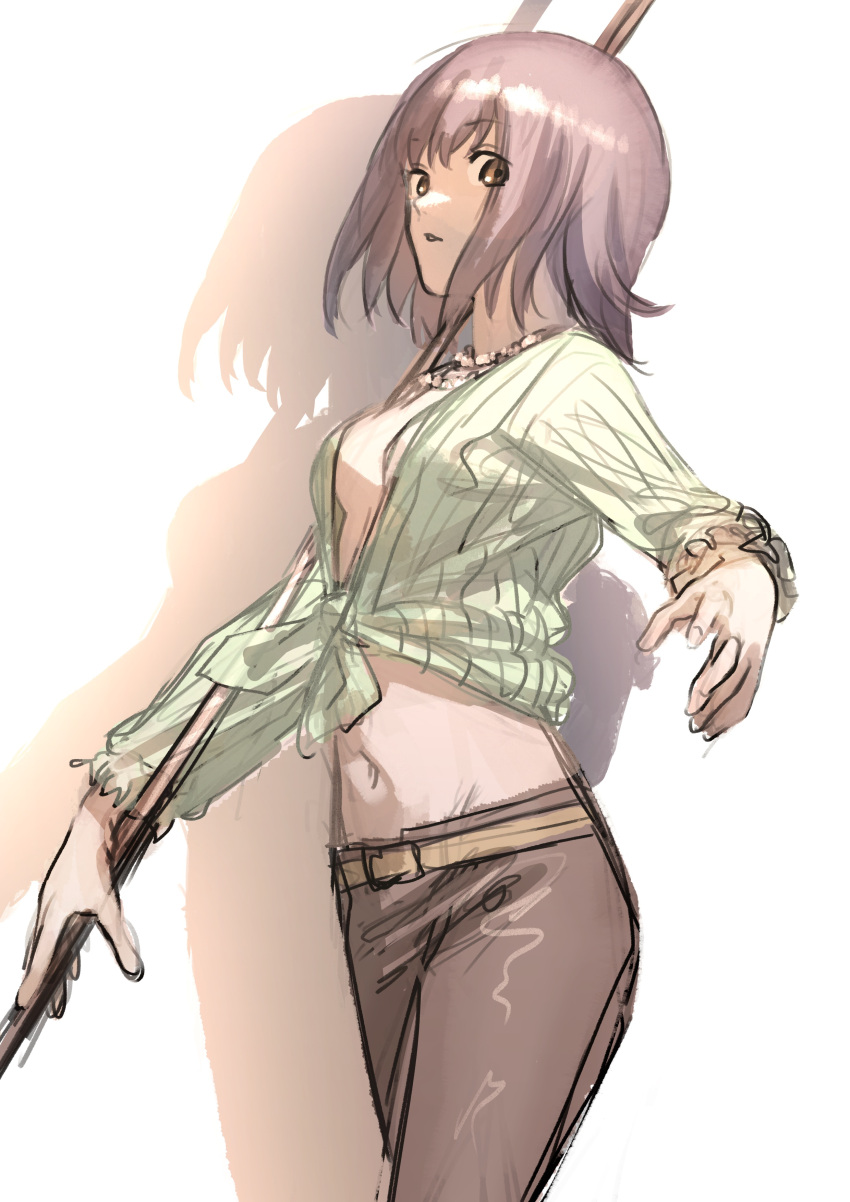 1girl absurdres bangs belt breasts brown_belt brown_eyes brown_hair brown_pants cleavage commentary doya_(doya_oekaki) dress_shirt from_side green_shirt groin highres holding holding_staff holding_weapon itsuwa jewelry long_sleeves looking_at_viewer looking_to_the_side low_neckline medium_hair midriff navel necklace no_bra no_undershirt open_clothes open_shirt outstretched_arm pants parted_lips raised_eyebrows shadow shirt sketch small_breasts solo staff standing striped striped_shirt tied_shirt toaru_majutsu_no_index unbuttoned vertical-striped_shirt vertical_stripes weapon white_background