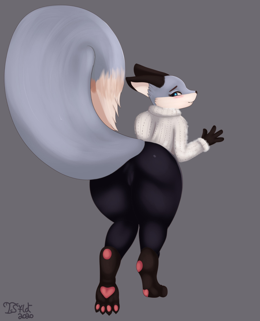 2020 anthro black_bottomwear black_clothing black_nose black_pants blue_body blue_eyes blue_fur bottomwear camel_toe cheek_tuft closed_smile clothed clothing ears_back facial_tuft female full-length_portrait fur glistening glistening_eyes grey_background hi_res isyld looking_at_viewer looking_back looking_back_at_viewer mouth_closed multicolored_body multicolored_fur pants pivoted_ears portrait rear_view red_eyes signature simple_background slight_smile solo topwear tuft two_tone_body two_tone_fur white_body white_clothing white_fur white_topwear