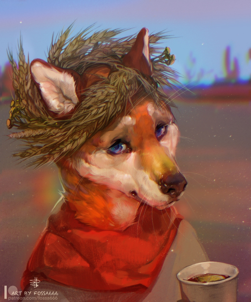 2022 anthro black_nose blue_eyes brown_body brown_fur canid canine canis clothed clothing day detailed_background digital_media_(artwork) fossa666 fur hi_res looking_at_viewer male mammal outside red_body red_fur sky solo tan_body tan_fur