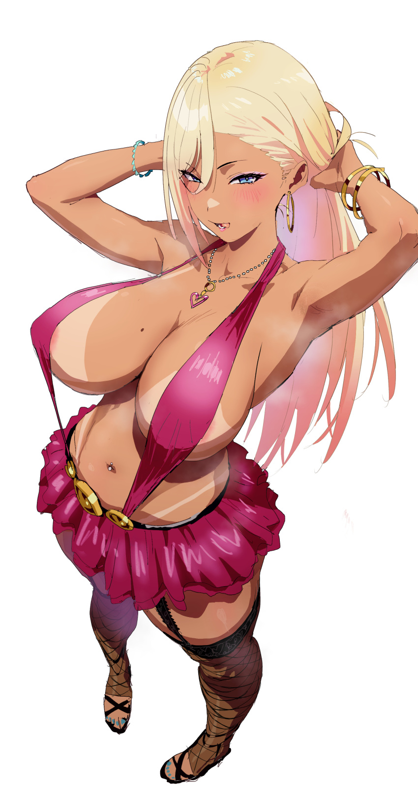 1girl absurdres adjusting_hair areola_slip armpits blue_eyes blush bracelet breasts collarbone earrings fishnets from_above garter_straps gyaru highres hoop_earrings ishii_takamori jewelry kogal large_breasts licking_lips long_hair looking_at_viewer looking_up miniskirt mole mole_on_breast navel_piercing necklace original piercing skirt solo tan tanlines tongue tongue_out