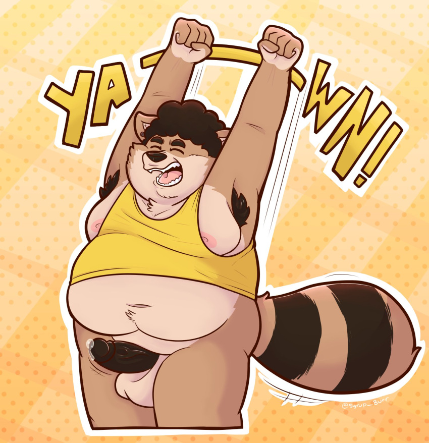 2022 anthro armpit_hair balls belly big_belly body_hair brown_body canid canine erection eyes_closed genitals hi_res humanoid_genitalia humanoid_hands humanoid_penis male mammal moobs nipples overweight overweight_male penis raccoon_dog solo stretching syrup_burr tanuki