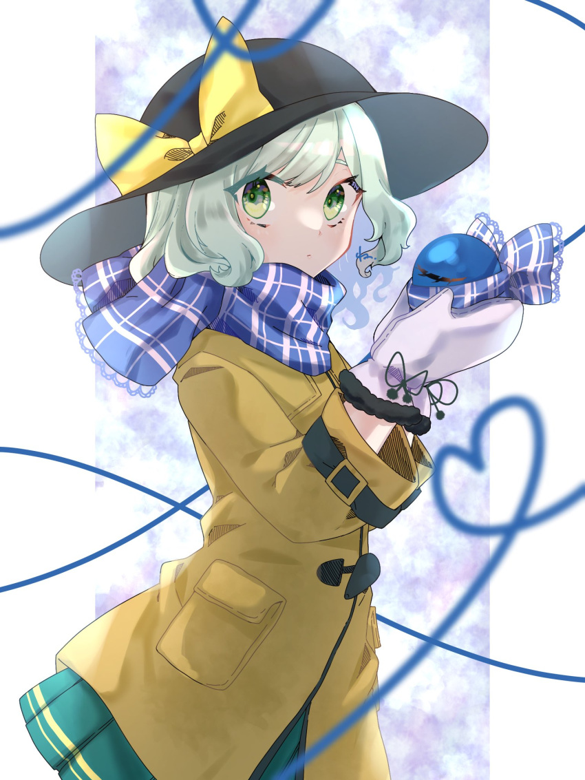 1girl :| adapted_costume black_headwear blue_scarf blush bow closed_mouth coat commentary cowboy_shot expressionless green_eyes green_hair green_skirt hat hat_bow heart heart_of_string highres holding komeiji_koishi komori_(komo_ricecake) long_sleeves looking_at_viewer mittens one-hour_drawing_challenge plaid plaid_scarf pocket scarf short_hair signature skirt solo third_eye touhou white_mittens yellow_bow yellow_coat