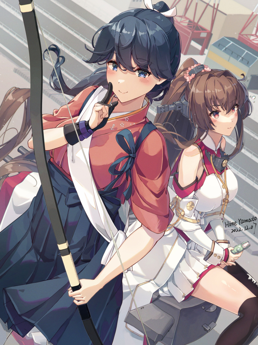 2girls archery black_hair black_hakama blue_eyes boots bow_(weapon) breasts brown_eyes brown_hair cherry_blossoms clothing_cutout coat coat_on_shoulders collar gloves gradient_footwear hair_intakes hair_ornament hair_ribbon hakama hakama_skirt headgear highres himeyamato holding holding_bow_(weapon) holding_shell holding_weapon houshou_(kancolle) houshou_kai_ni_(kancolle) japanese_clothes kantai_collection kimono knee_boots kyuudou large_breasts long_coat long_hair medium_breasts metal_collar multiple_girls partially_fingerless_gloves pink_kimono pleated_skirt ponytail ribbon sakuramon sash shell shoulder_cutout shoulder_sash sidelocks single_glove single_knee_boot single_thigh_boot sitting skirt standing tasuki thigh_boots weapon white_coat white_ribbon white_skirt yamato_(kancolle) yamato_kai_ni_(kancolle) yugake yumi_(bow)