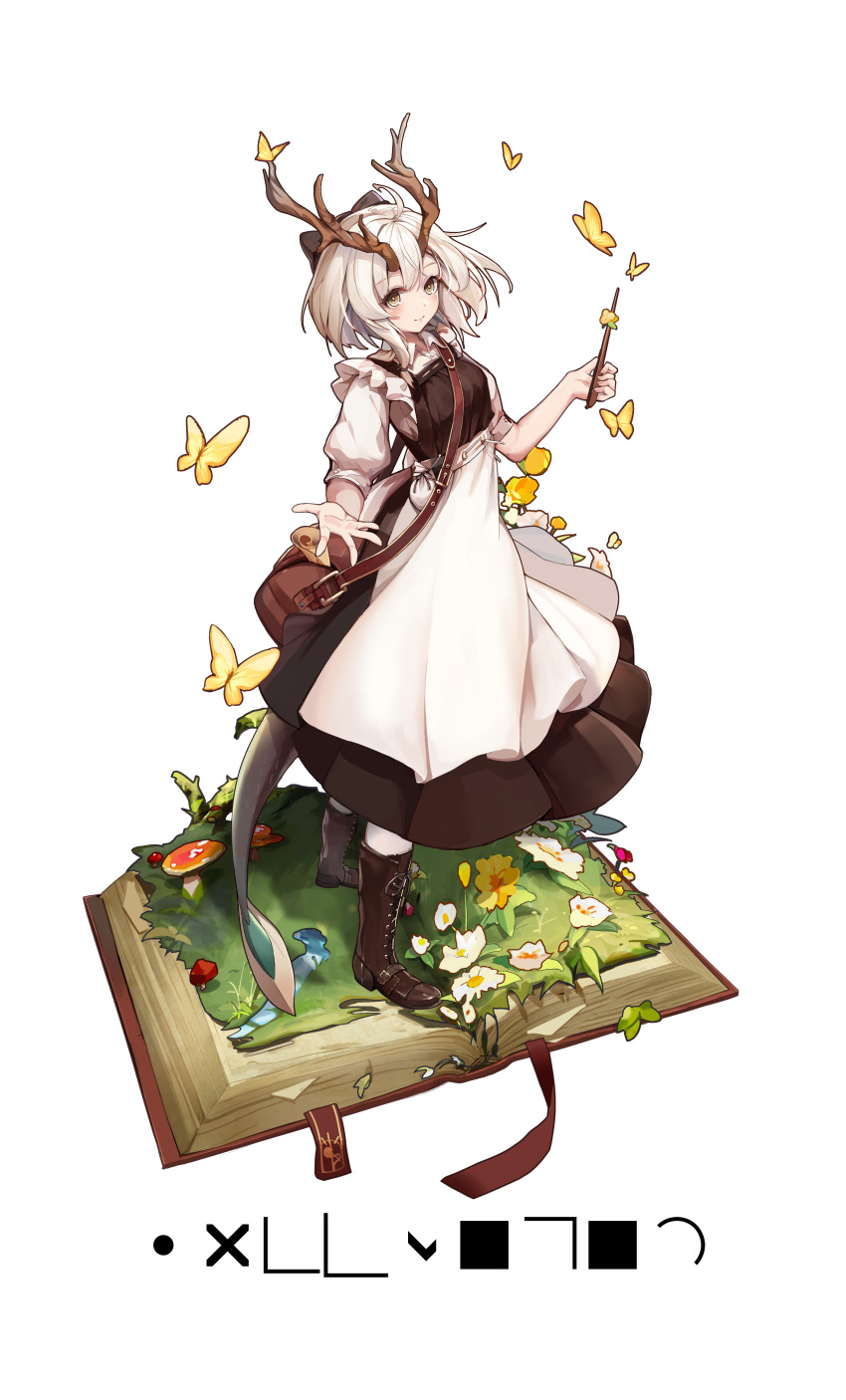 1girl absurdres apron bag black_bow black_dress bookmark bow brown_eyes brown_horns bug butterfly dragon_girl dragon_tail dress flower full_body hair_bow handbag highres horns mushroom short_hair smile standing storybook tail wand white_apron white_hair yellow_butterfly zhonglllll