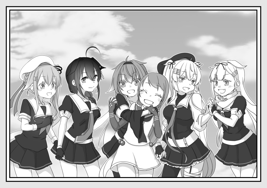 absurdres ahoge bangs beret braid breasts commentary_request elbow_gloves fang fingerless_gloves gloves greyscale hair_between_eyes hair_flaps hair_ornament hair_ribbon hairclip harusame_(kancolle) hat highres holding_hands kantai_collection large_breasts long_hair medium_breasts mocchi_(mocchichani) monochrome multiple_girls murasame_(kancolle) murasame_kai_ni_(kancolle) neckerchief open_mouth pleated_skirt ponytail revision ribbon samidare_(kancolle) school_uniform serafuku shigure_(kancolle) shiratsuyu_(kancolle) shiratsuyu_kai_ni_(kancolle) short_sleeves side_ponytail single_braid skin_fang skirt small_breasts two_side_up yuudachi_(kancolle) yuudachi_kai_ni_(kancolle)