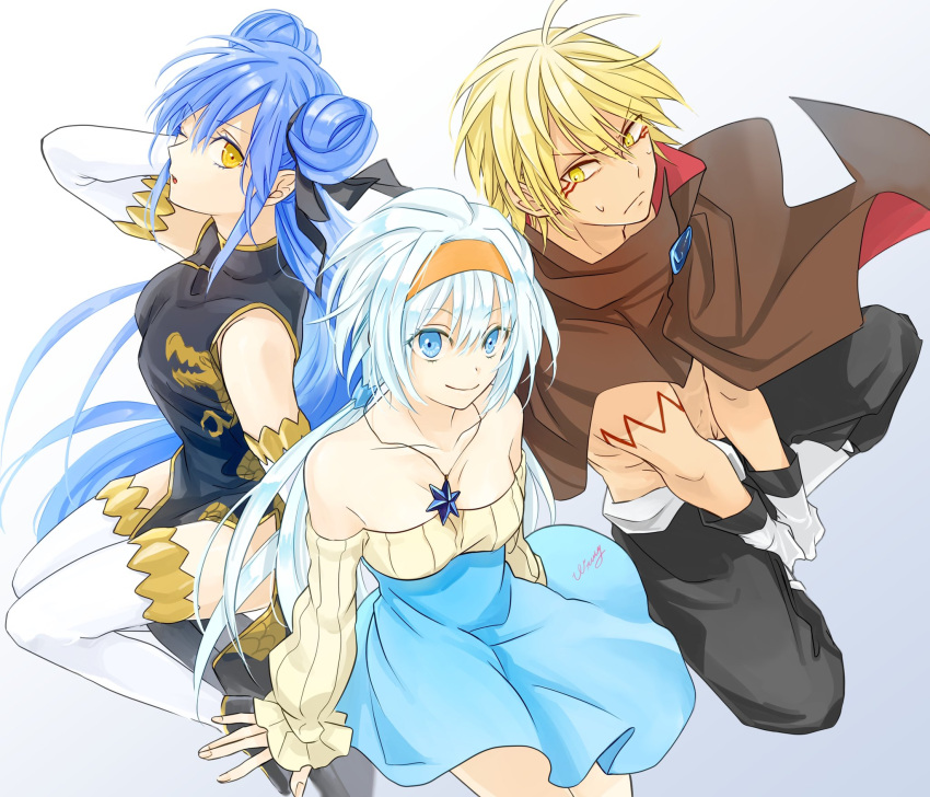 1boy 2girls artist_name bare_shoulders black_dress blonde_hair blue_dress blue_eyes blue_hair brown_cape cape china_dress chinese_clothes closed_mouth collarbone double_bun dragon dragon_print dress elbow_gloves frown gloves hair_bun hairband highres jewelry long_hair long_sleeves multiple_girls necklace pants side_slit sitting sleeveless sleeveless_dress slime_(substance) smile sweat tensei_shitara_slime_datta_ken thighhighs veldora_(tensei_shitara_slime_datta_ken) velgrynd_(tensei_shitara_slime_datta_ken) velzard_(tensei_shitara_slime_datta_ken) wata_miya_(shiro_momen) white_background white_gloves white_hair white_thighhighs yellow_eyes