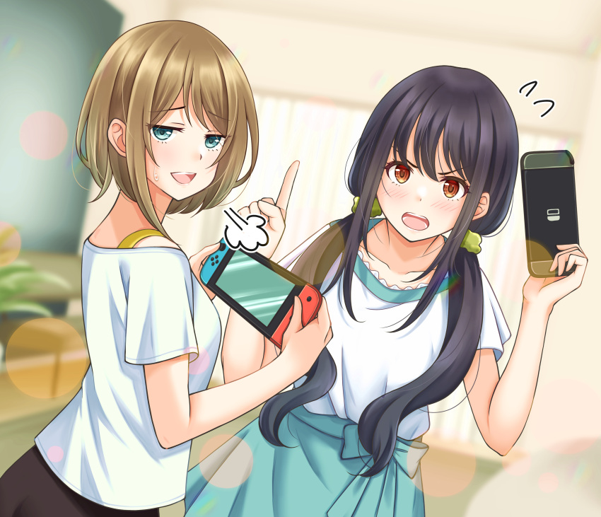 2girls :d absurdres awazake_(2wairu) black_hair blue_eyes blue_skirt blurry blurry_background breath brown_eyes brown_hair handheld_game_console highres holding holding_handheld_game_console index_finger_raised indoors lens_flare looking_at_viewer low_twintails multiple_girls nintendo_switch original school_uniform shirt short_sleeves skirt smile twintails white_shirt