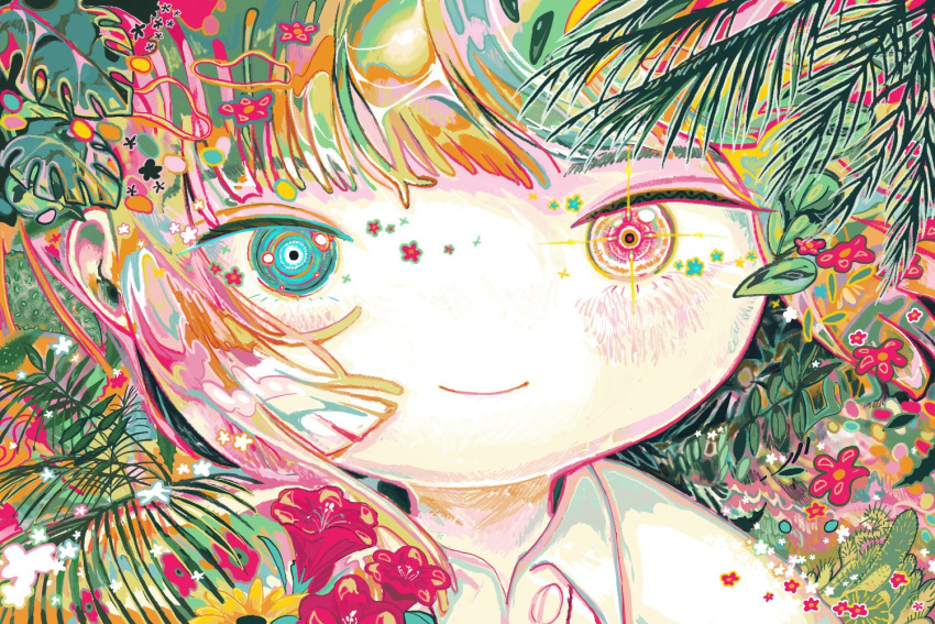 1girl abstract aqua_eyes bangs blush collared_shirt colorful flower heterochromia leaf looking_at_viewer making-of_available no_nose original pink_eyes pink_flower plant portrait shirt sizucomaru smile solo white_shirt yellow_flower