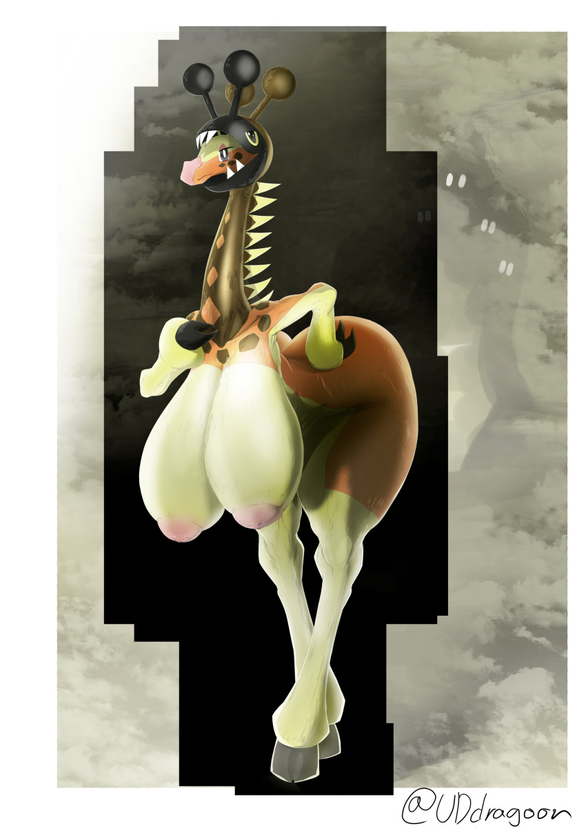 absurd_res anthro areola bent_forward bent_over big_breasts big_butt breasts brown_body brown_fur butt eyelashes farigiraf female fingers fur generation_9_pokemon giraffid hand_on_hip hanging_breasts hi_res hooved_fingers hooves horn huge_breasts long_neck looking_at_viewer mammal nintendo nude ossicone pink_nose pokemon pokemon_(species) solo tan_body tan_fur uddragoon video_games