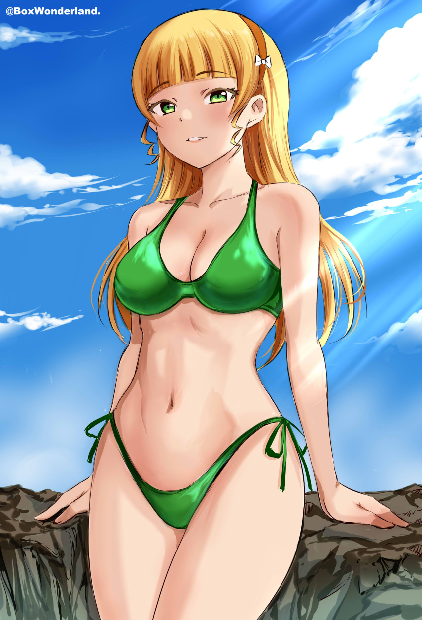 1girl absurdres angel_gabriel. arms_at_sides bangs bare_arms bare_shoulders bikini blonde_hair blue_sky blunt_bangs bow bow_hairband breasts cleavage cloud collarbone commentary cowboy_shot day green_bikini green_eyes hair_bow hairband heanna_sumire highres long_hair looking_at_viewer love_live! love_live!_superstar!! medium_breasts navel orange_hairband outdoors parted_lips rock side-tie_bikini_bottom sky solo standing stomach sunlight swimsuit twitter_username white_bow