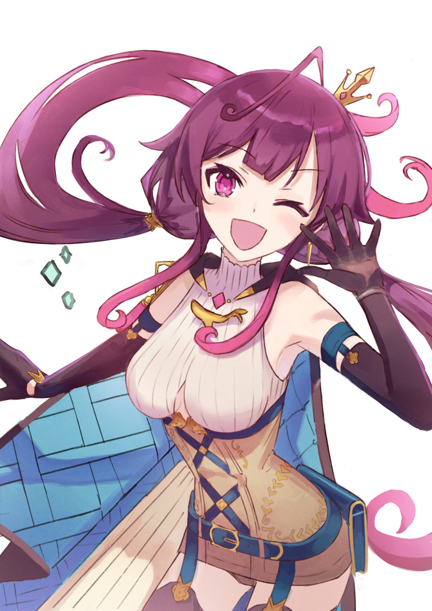 1girl absurdres atelier_(series) atelier_sophie atelier_sophie_2 blush breasts cape cowboy_shot crown gloves highres jewelry leotard long_hair looking_at_viewer low_twintails medium_breasts mini_crown one_eye_closed open_mouth ramizel_erlenmeyer simple_background smile solo standing thighhighs twintails white_background yaminava