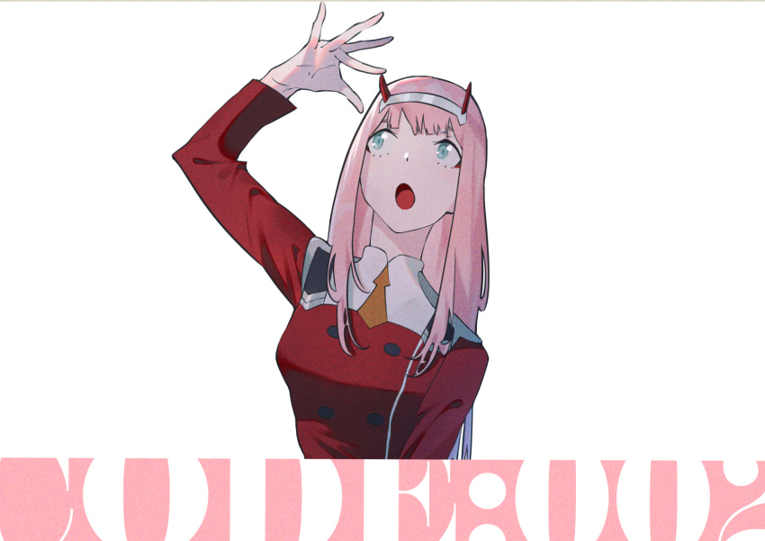 1girl :o aoi_(altea0923) aqua_eyes arm_up bangs breasts commentary_request darling_in_the_franxx facing_viewer hairband highres horns long_hair long_sleeves looking_up medium_breasts military military_uniform necktie oni_horns open_mouth pink_hair red_horns red_shirt shirt simple_background solo uniform upper_body white_background white_hairband yellow_necktie zero_two_(darling_in_the_franxx)