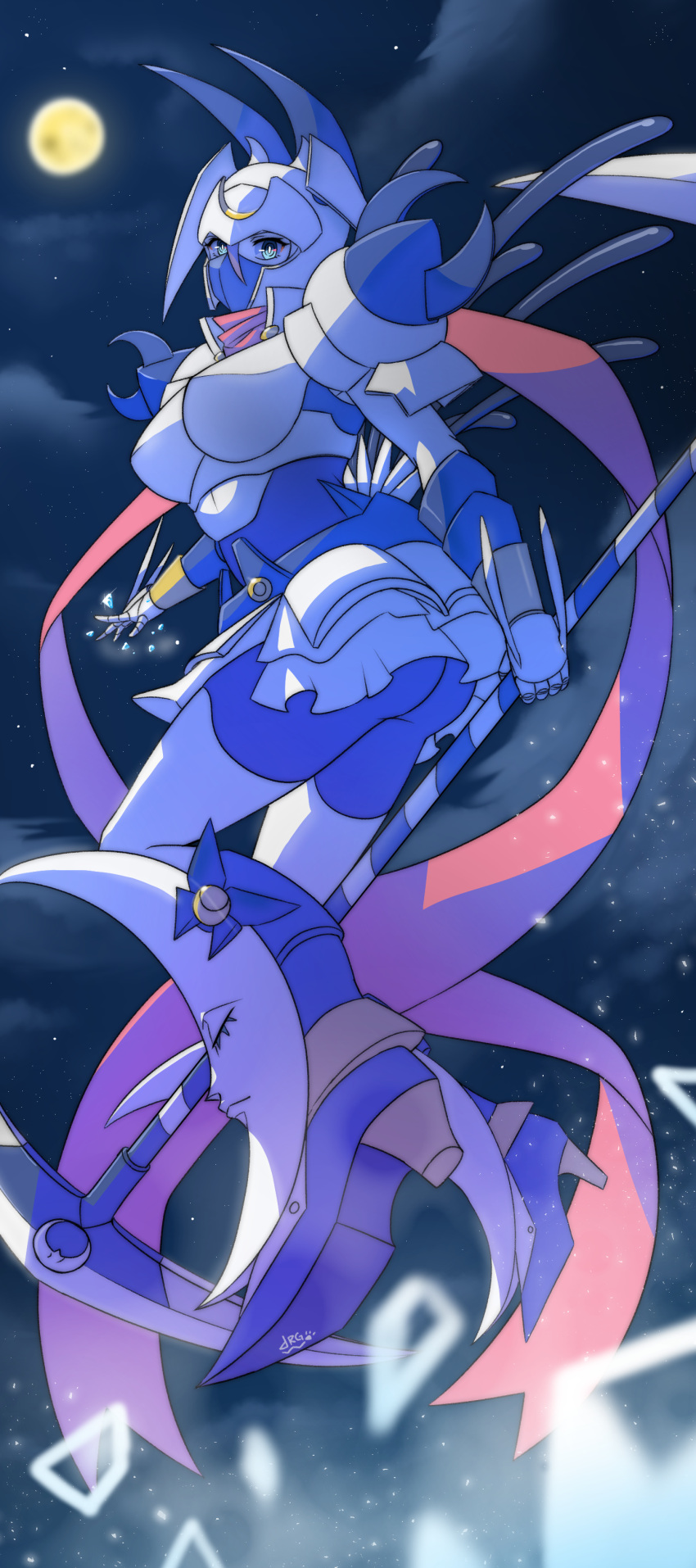 1girl absurdres armor armored_boots armored_skirt ass blue_eyes bodysuit boots breastplate breasts cloud commentary covered_mouth crescent dianamon digimon digimon_(creature) dragonwilbert floating full_body full_moon gauntlets hair_between_eyes helmet high_heels highres holding holding_scythe ice large_breasts looking_at_viewer mask moon night pink_scarf purple_bodysuit purple_hair purple_mask scarf scythe shoulder_armor signature skirt sky slit_pupils solo star_(sky) starry_sky twisted_torso weapon white_armor white_headwear white_skirt
